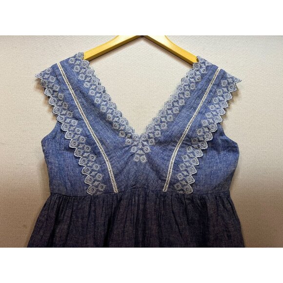 Isabel Maternity Womens Embroidered Chambray V-Neck Blouse Sleeveless Sz XS Blue - Picture 5 of 11